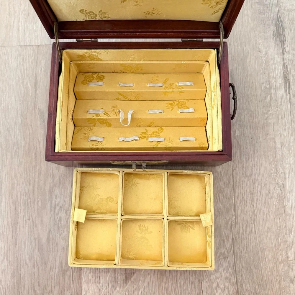 Vintage 80s Oriental Chinese Wooden Jewelry Box W/ Brass Word LUCKY, Double Tier